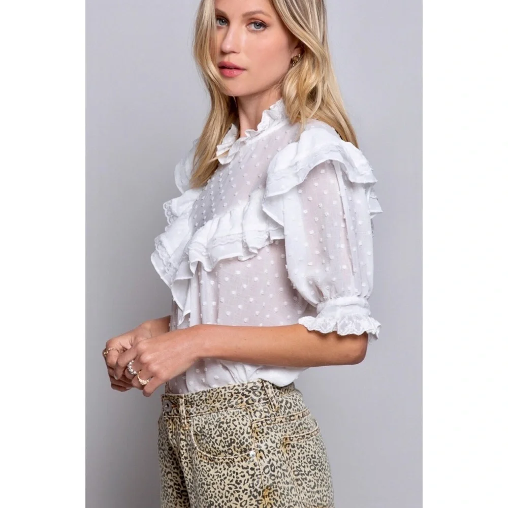 POL Swiss Dot Ruffle Mock Neck Blouse Half Sleeves Relaxed Fit - Picture 4 of 11